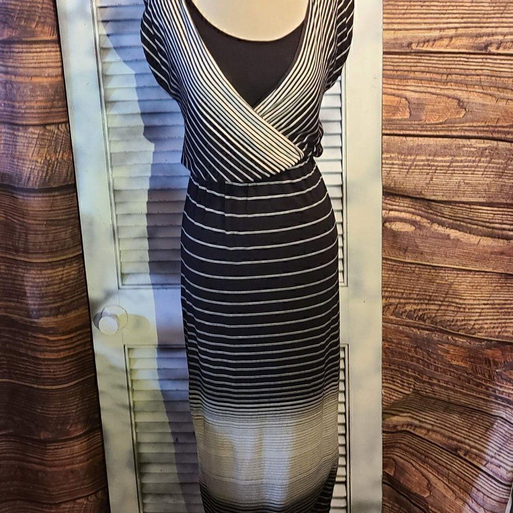 White House Black Market XXS Black Striped Maxi Dress Faux Wrap